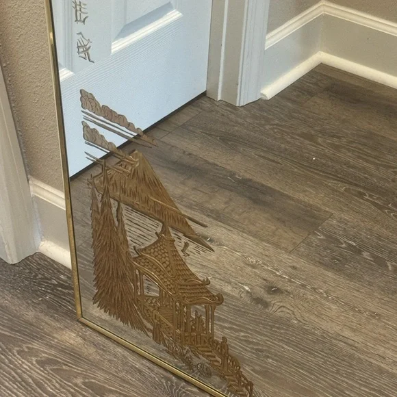 1960’s Hollywood Regency Mirror 34 X 23 Featuring Japanese Pagoda and Mt. Fuji - Picture 8 of 10